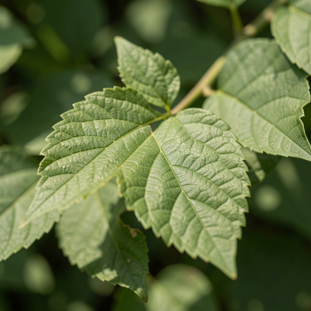 Macrophotographie de feuilles d'un extrait botanique vert intense avec gouttes d'eau sur la surface, fond sombre, lumière latérale froide soulignant les nervures et la texture naturelle