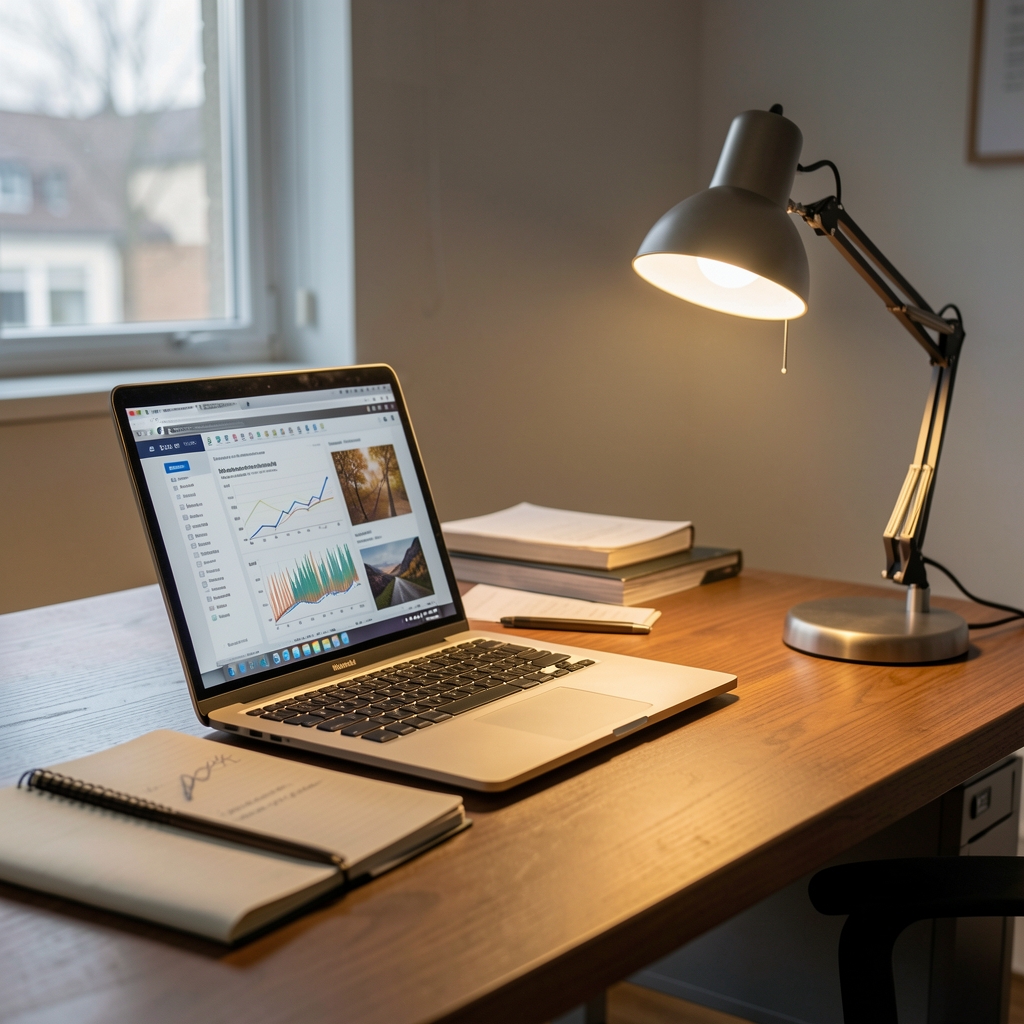 Bureau de travail analytique avec ordinateur portable ouvert, cahier de notes et lampe de bureau émettant une lumière chaude et concentrée, ambiance de recherche intellectuelle sérieuse, style éditorial sobre