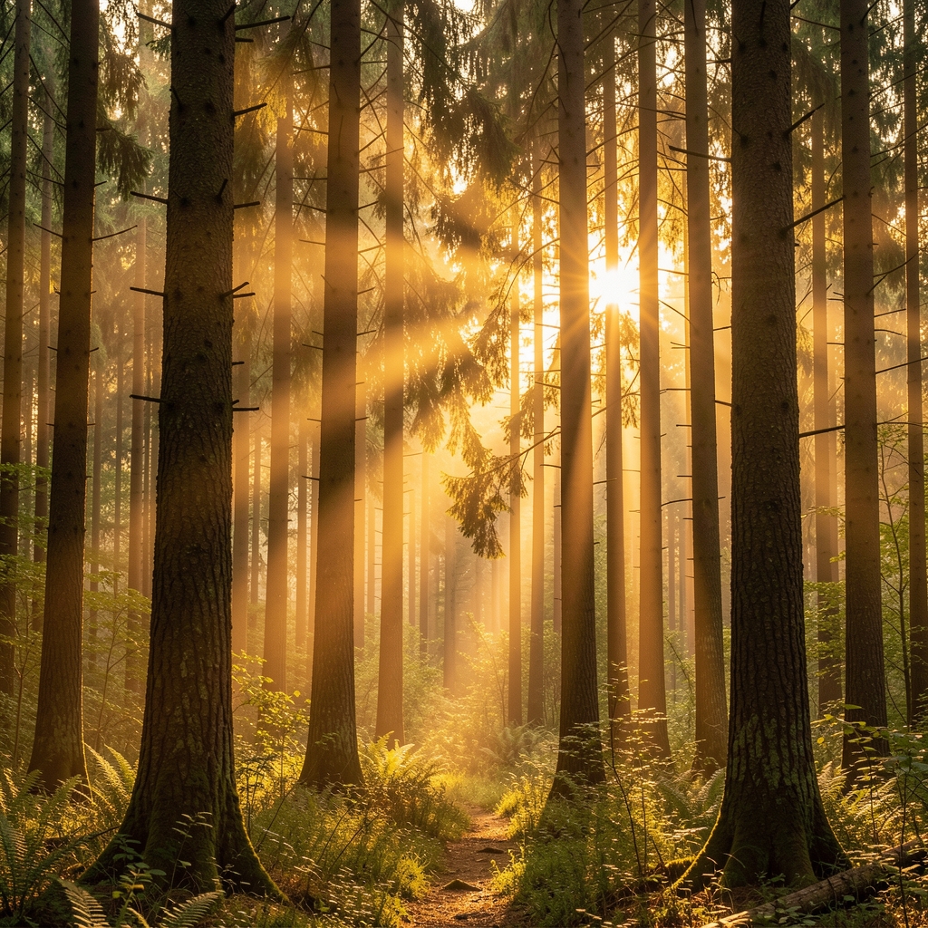 Forêt dense au lever du soleil avec rayons de lumière dorée filtrant entre les troncs d'arbres, brume légère au sol, ambiance sereine et naturaliste, photographie cinématographique
