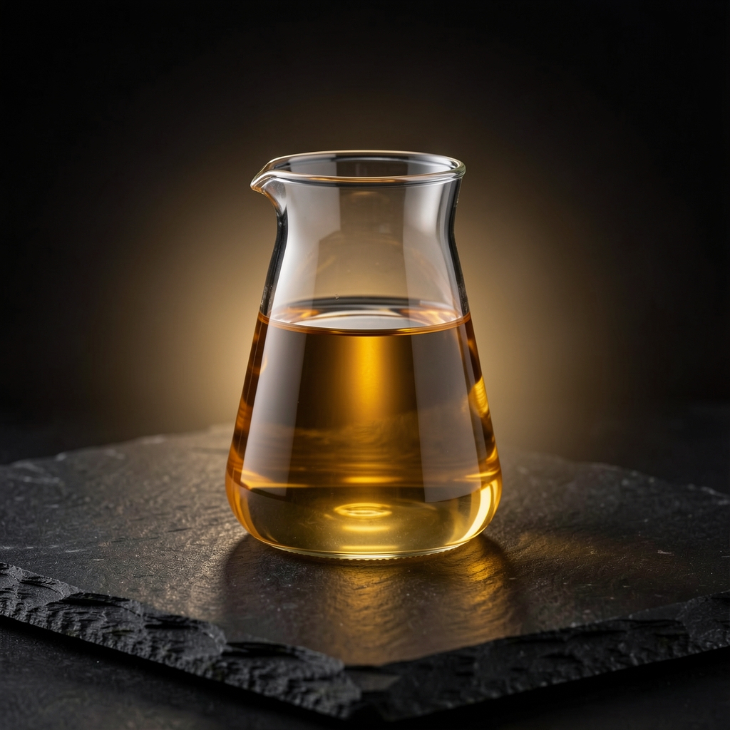 Colbe en verre de laboratoire contenant un liquide translucide doré posée sur une surface en pierre noire, lumière de studio rasante créant un halo lumineux autour du verre, atmosphère de recherche scientifique