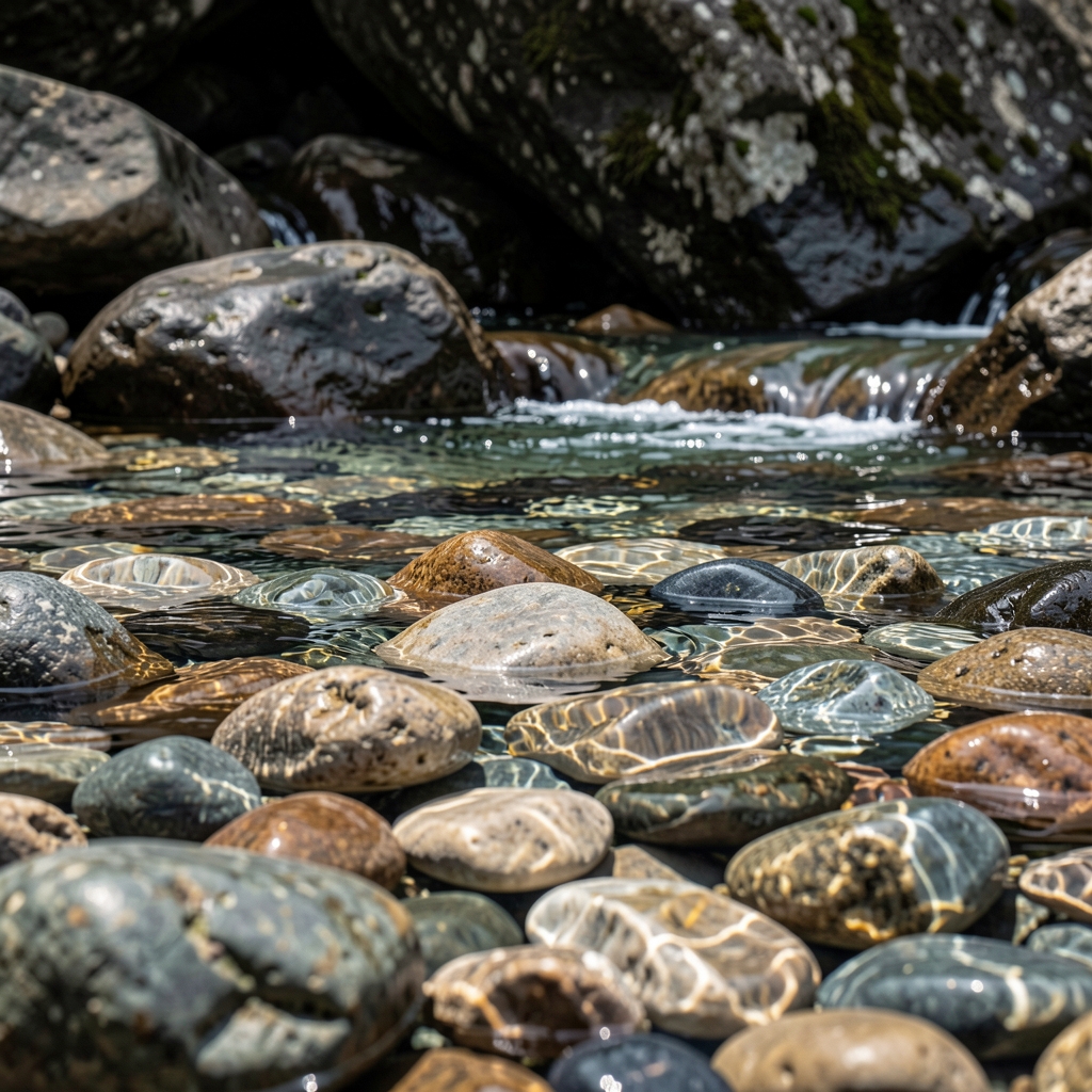 Galets de rivière lisses et translucides sous une eau claire courante, fond de roche sombre, lumière naturelle créant des reflets et des réfractions subtiles, ambiance contemplative naturelle