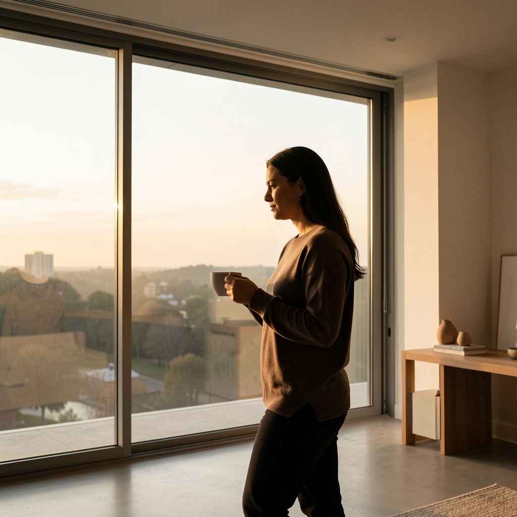 Personne en silhouette devant une grande fenêtre panoramique tenant une tasse, lumière du matin dorée et diffuse créant une atmosphère de sérénité, intérieur contemporain épuré, style cinématographique neutre