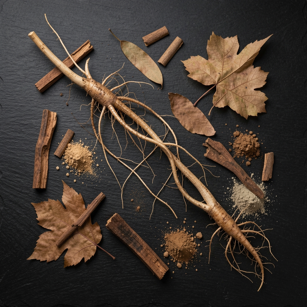 Composition à plat de racines, feuilles séchées, écorces et poudres naturelles disposées avec soin sur une surface en ardoise noire, lumière de studio douce et neutre, style éditorial épuré