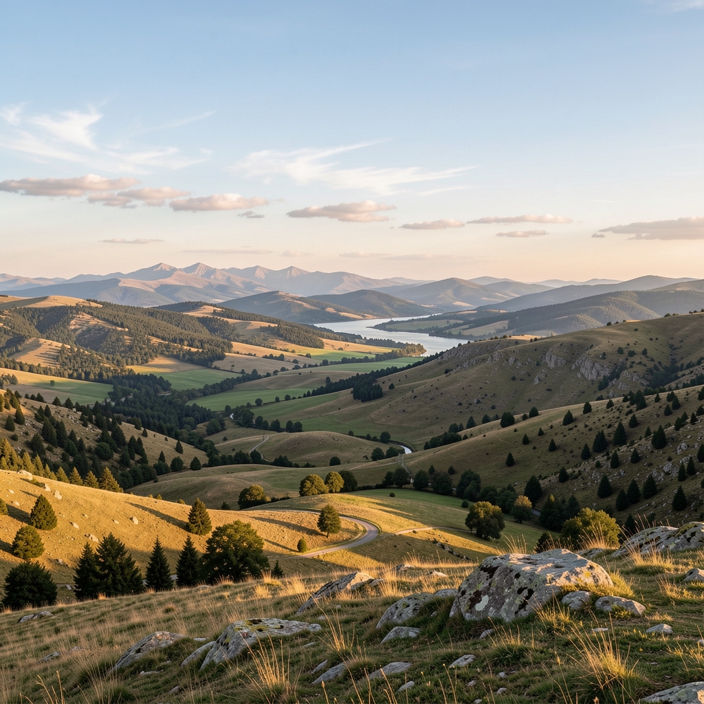 Paysage panoramique d'une prairie alpine au coucher de soleil, herbes hautes dorées, horizon montagneux lointain, ciel aux teintes chaudes dégradées de orange et violet, lumière cinématographique dramatique