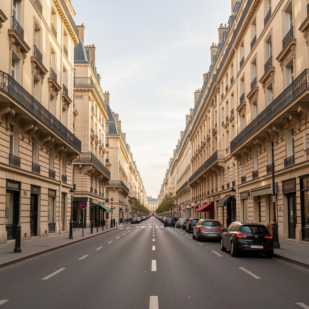 Avenue haussmannienne de Paris avec immeubles classiques en pierre beige, perspective longue et rectiligne, lumière de fin d'après-midi dorée sur les façades, style architectural du Second Empire, atmosphère culturelle parisienne