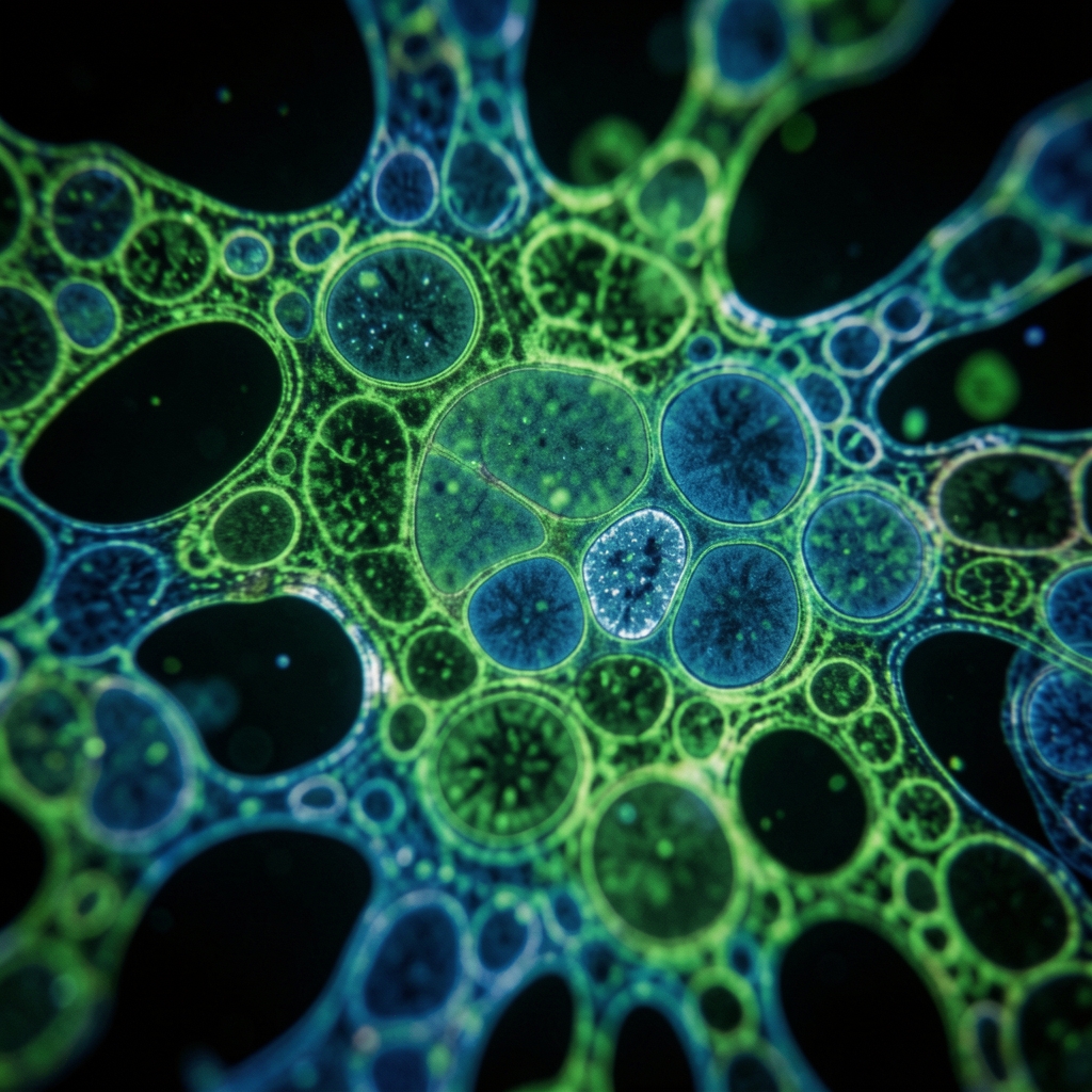 Vue microscopique abstraite de structures cellulaires organiques sur fond sombre, teintes vertes et bleues, lumière technique de laboratoire, rendu éducatif et scientifique