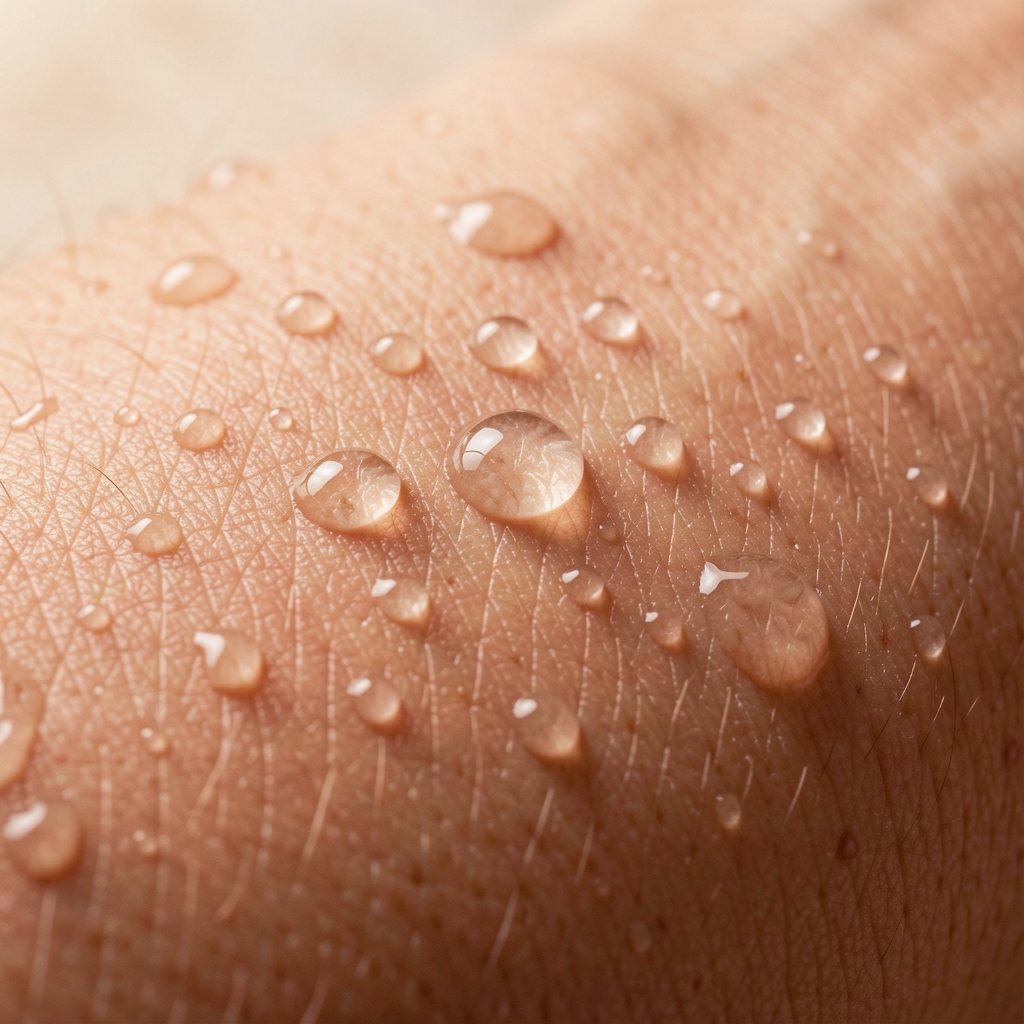 Macrophotographie de peau humaine saine avec gouttes d'eau microscopiques sur la surface, texture naturelle et fine, lumière douce et rasante sur fond neutre, esthétique éditorial beauté