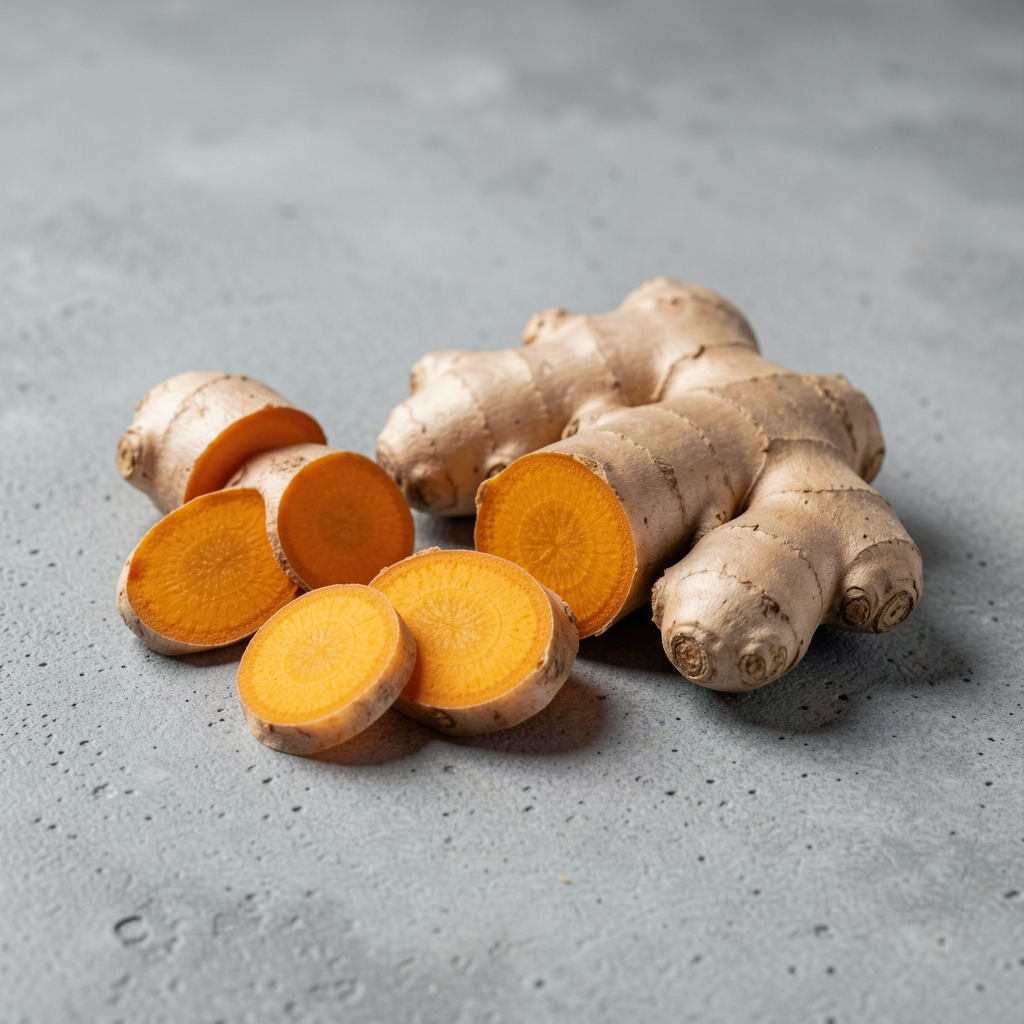 Racines de curcuma et de gingembre fraîches coupées en tranches disposées sur une surface en béton gris, lumière d'atelier chaude et directionnelle, composition symétrique, style photo culinaire éditorial