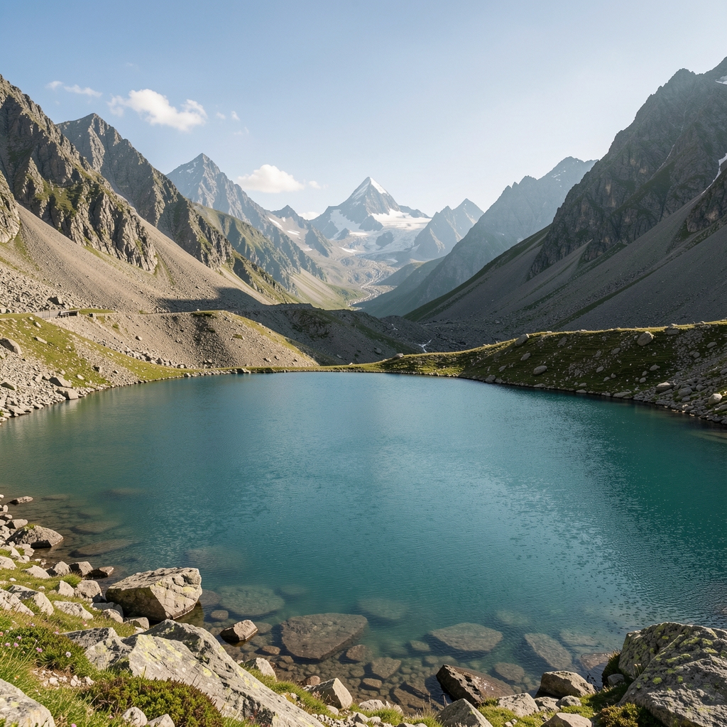 Paysage de montagne avec lac de haute altitude aux eaux d'un bleu pur profond, reflets parfaits des sommets enneigés, ciel limpide, photographie grand format atmosphérique